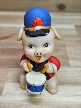 Vintage 1980 Enesco Ceramic Drummer Pig Figurine - Marching Band Mascot
